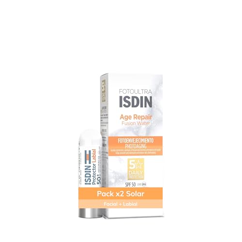 Isdin Fotoultra Pack Age Repair SPF 50, Protector Solar Facial Antiedad con Ácido Hialurónico y Textura Ultraligera, 50 ml y Protector Labial SPF 50 para Condiciones Extremas 4 g