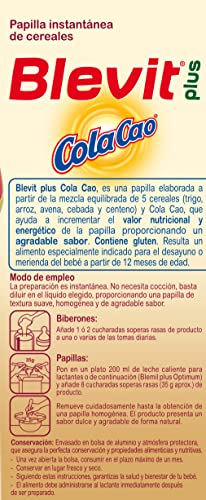 Blevit Plus ColaCao - Papilla de Cereales para Bebé con Calcio, Hierro y 13 vitaminas - Sabor Cola Cao - Desde los 12 meses - 600g